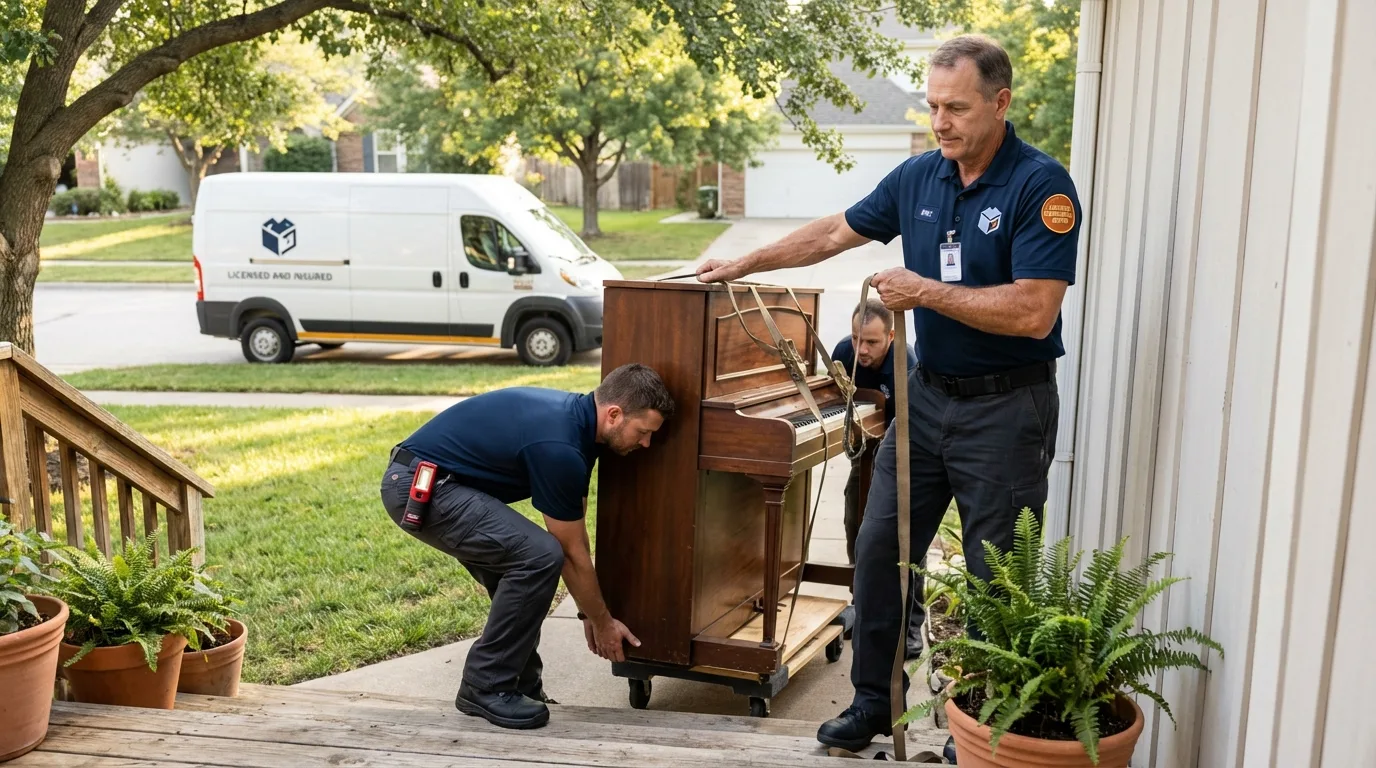 Licensed piano movers securing grand piano in Vacaville, CA