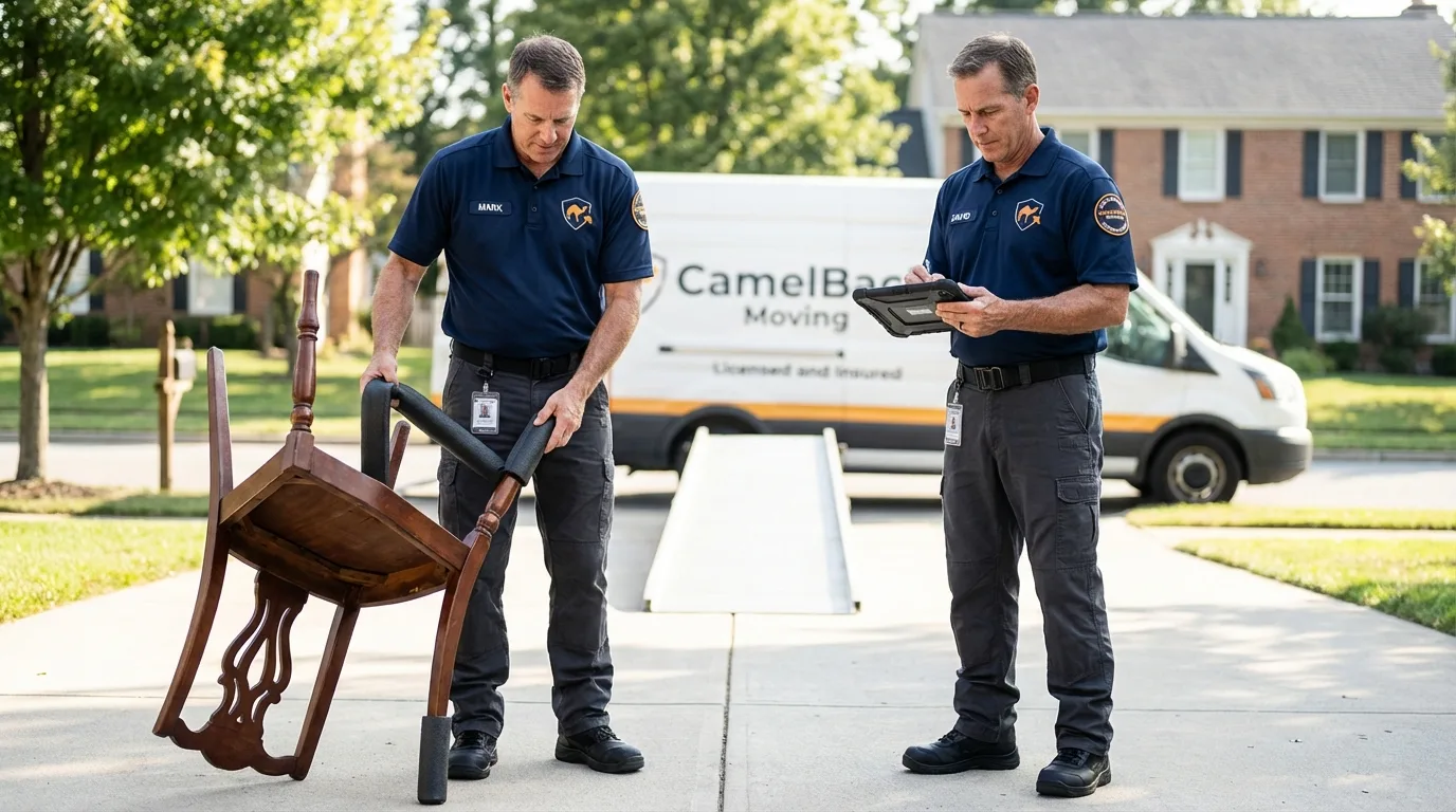 Movers inspecting furniture for damage prevention before loading in Vacaville, CA