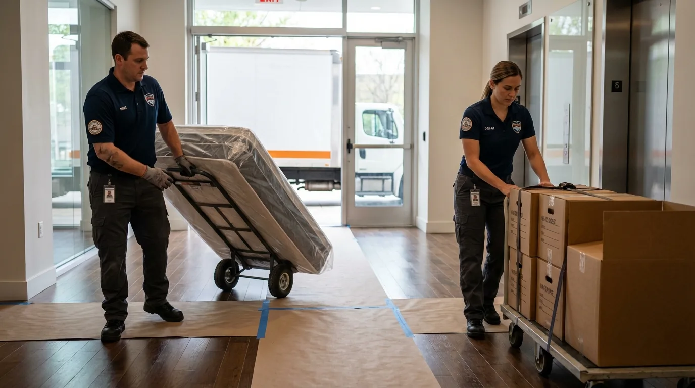 Professional apartment movers loading elevator in Vacaville, CA